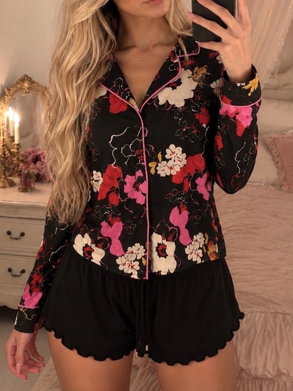 Floral Soft PJ Button-Front Long Sleeve Top - Black with Pink & Red Floral